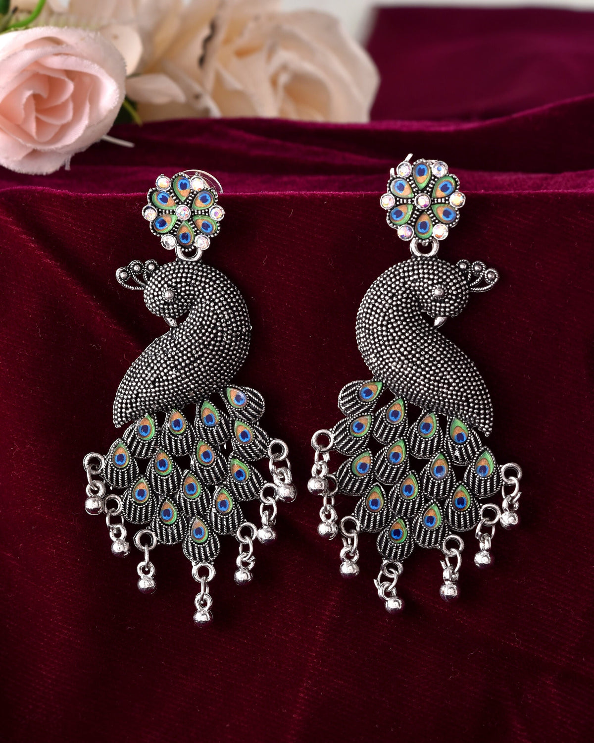 VOJ Silver Plated Oxidized Peacock Shaped Long Earrings | Grocsy