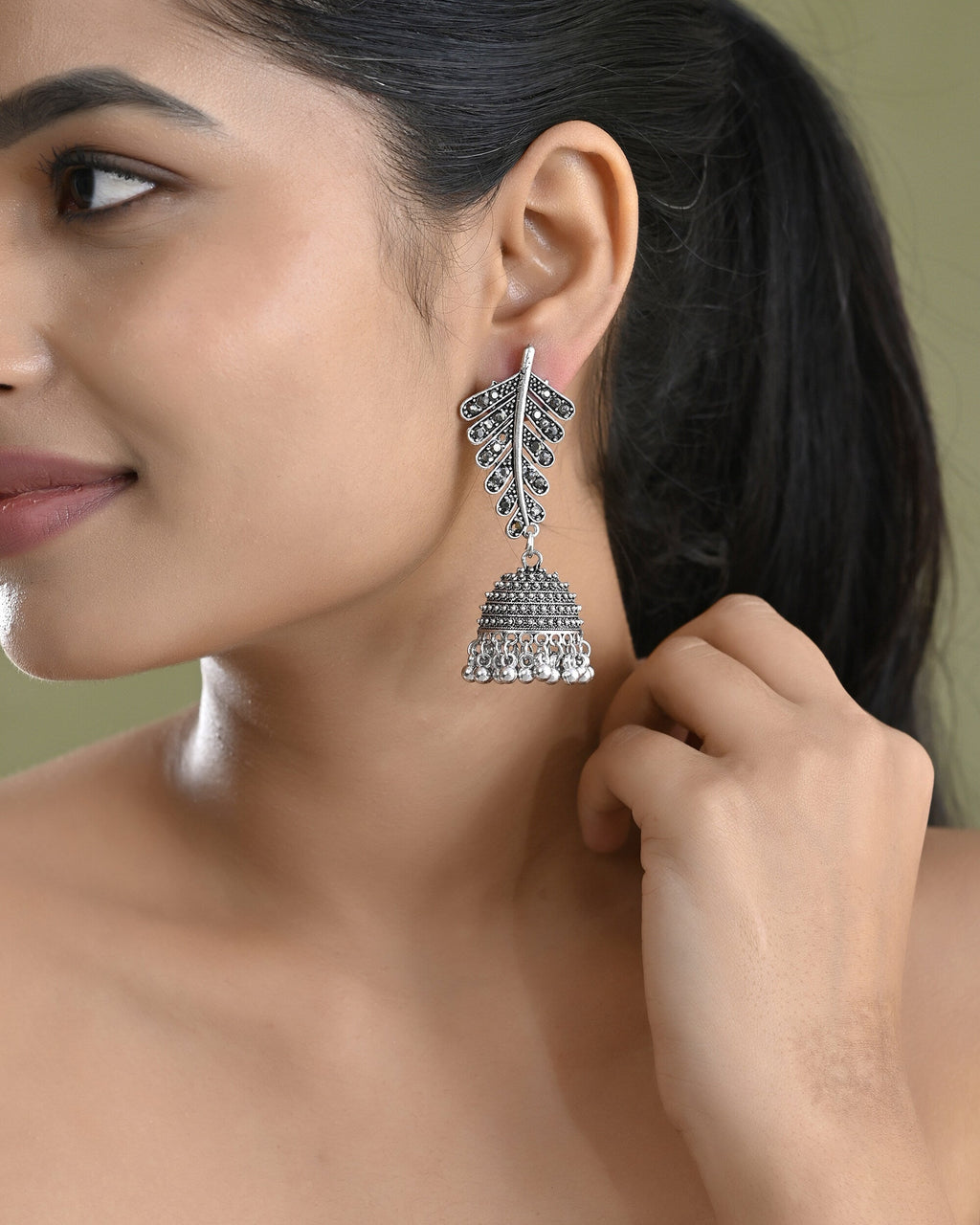 VOJ Silver Plated Oxidized Stone Studded Leaf Shaped Long Earrings | Grocsy
