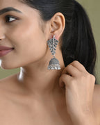 VOJ Silver Plated Oxidized Stone Studded Leaf Shaped Long Earrings | Grocsy