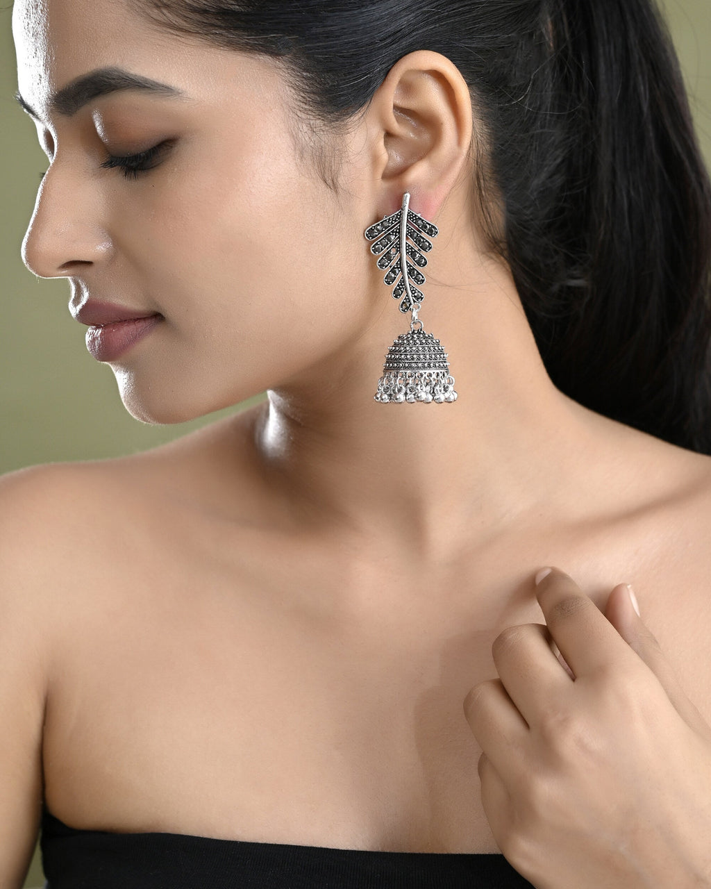 VOJ Silver Plated Oxidized Stone Studded Leaf Shaped Long Earrings | Grocsy