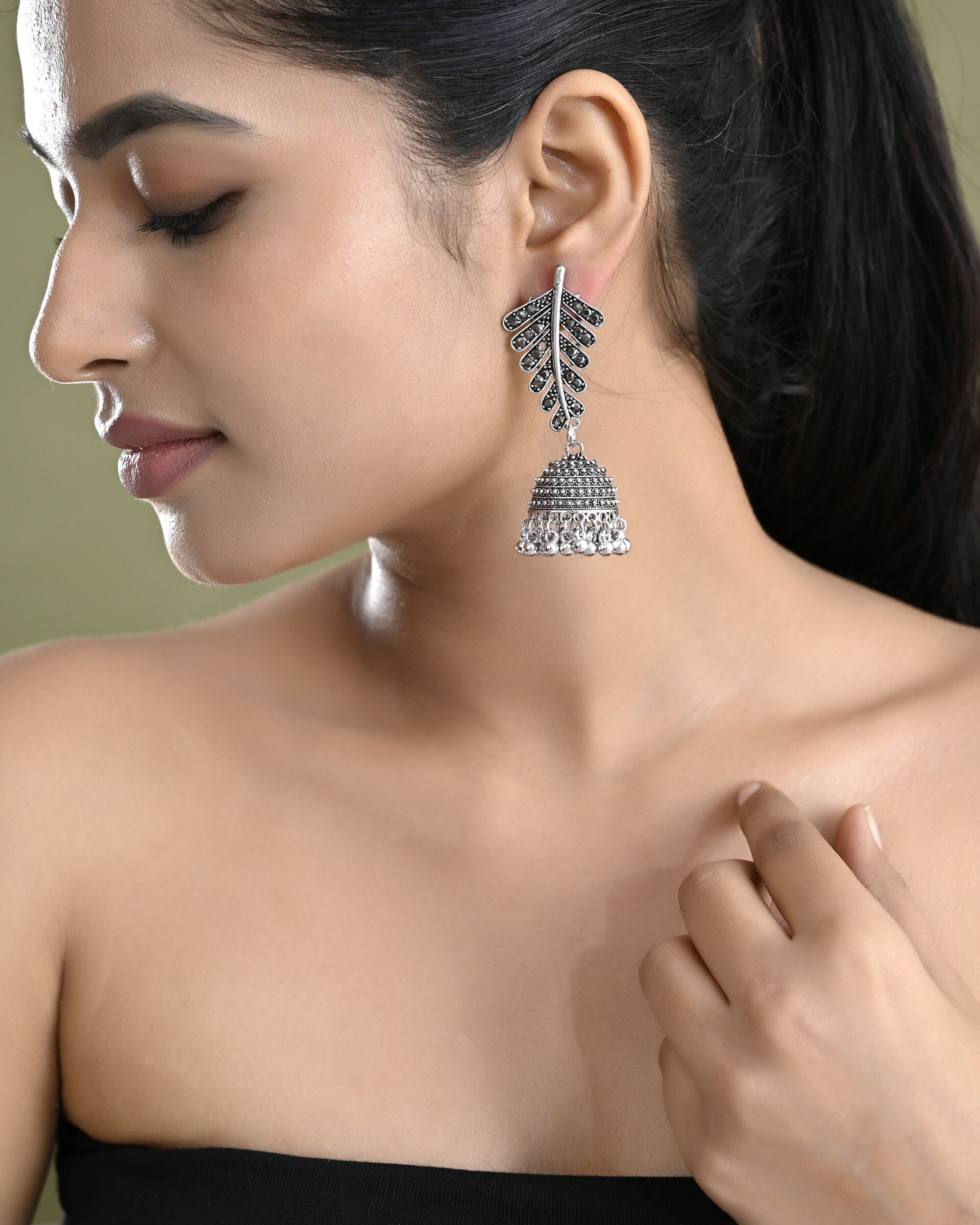 VOJ Silver Plated Oxidized Stone Studded Leaf Shaped Long Earrings | Grocsy