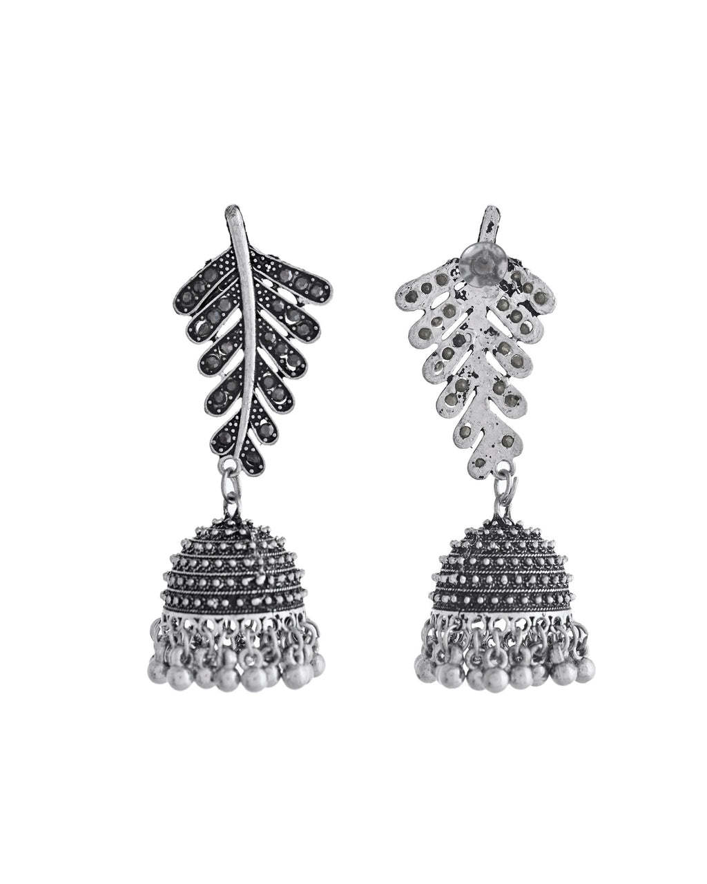 VOJ Silver Plated Oxidized Stone Studded Leaf Shaped Long Earrings | Grocsy