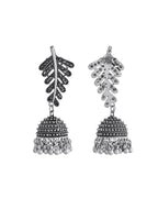 VOJ Silver Plated Oxidized Stone Studded Leaf Shaped Long Earrings | Grocsy