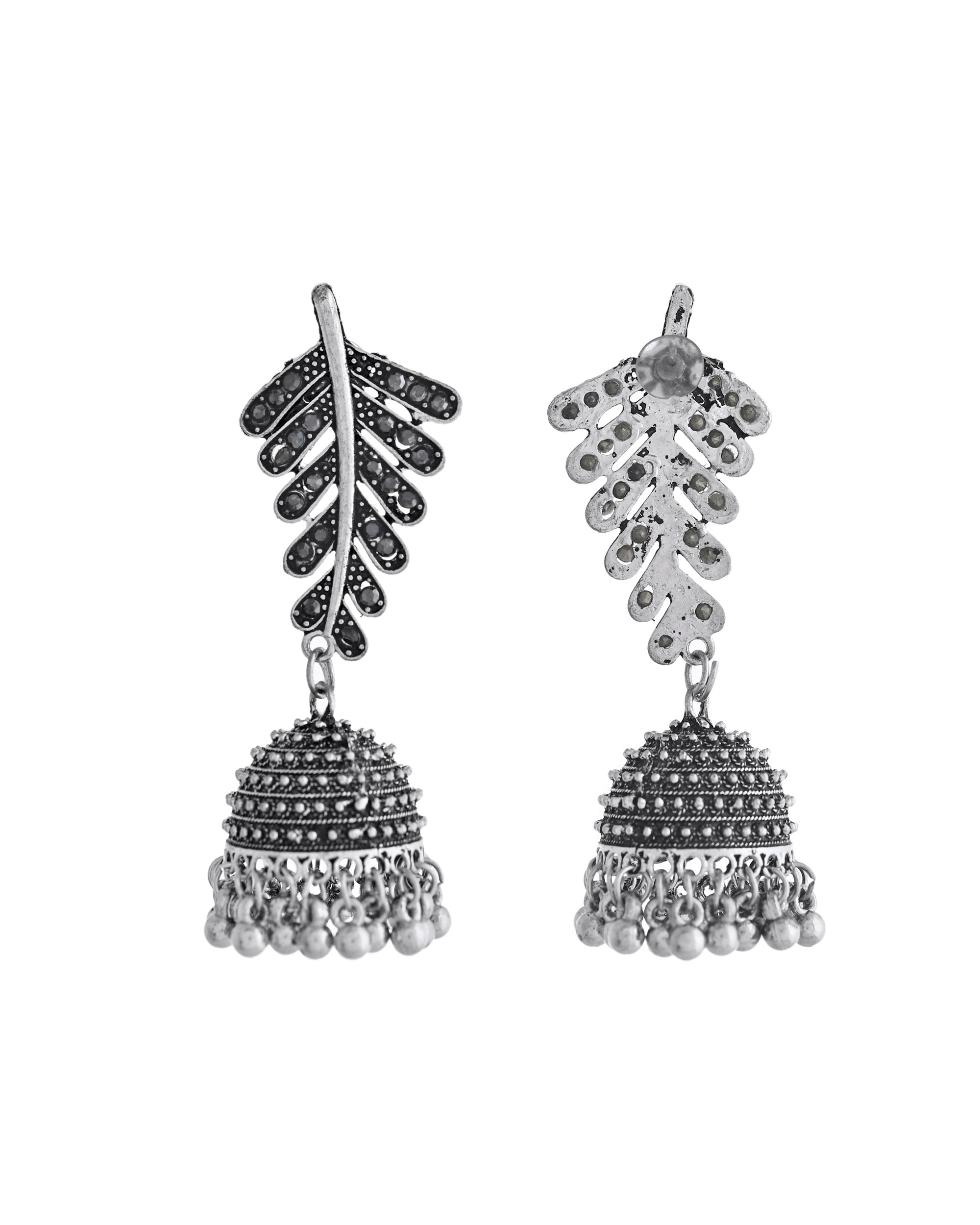 VOJ Silver Plated Oxidized Stone Studded Leaf Shaped Long Earrings | Grocsy