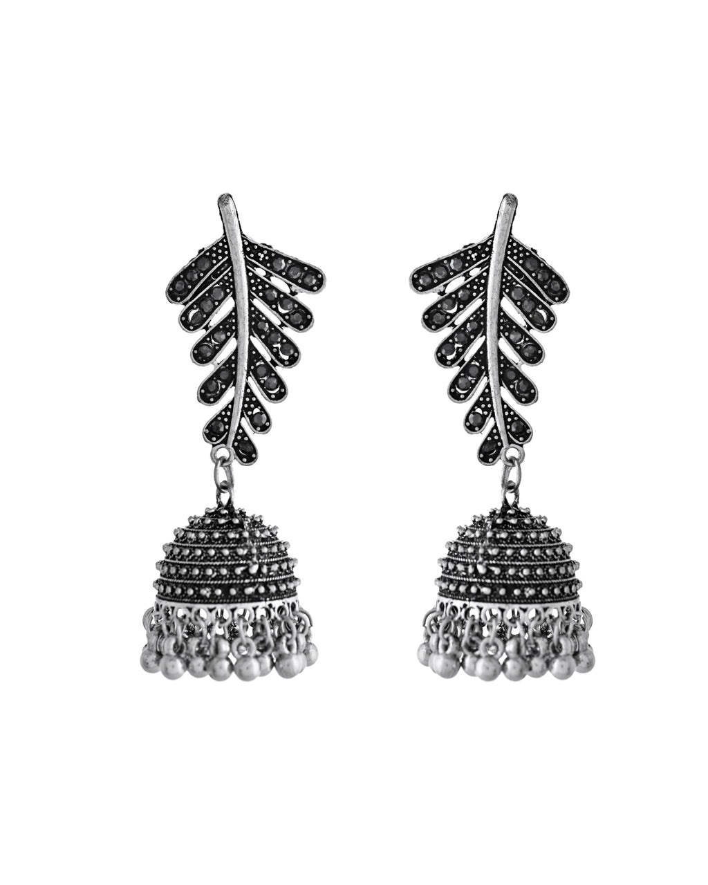 VOJ Silver Plated Oxidized Stone Studded Leaf Shaped Long Earrings | Grocsy
