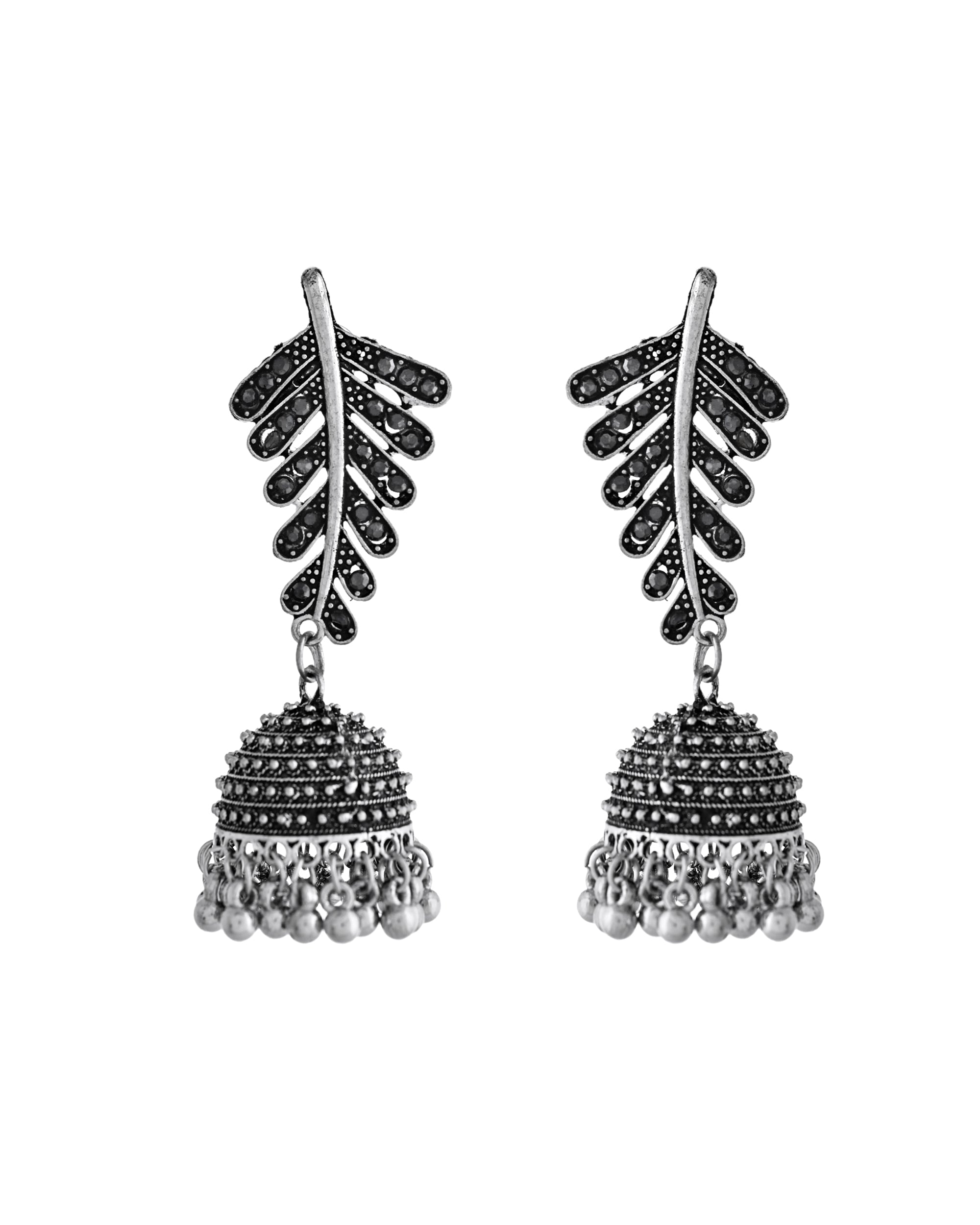 VOJ Silver Plated Oxidized Stone Studded Leaf Shaped Long Earrings | Grocsy