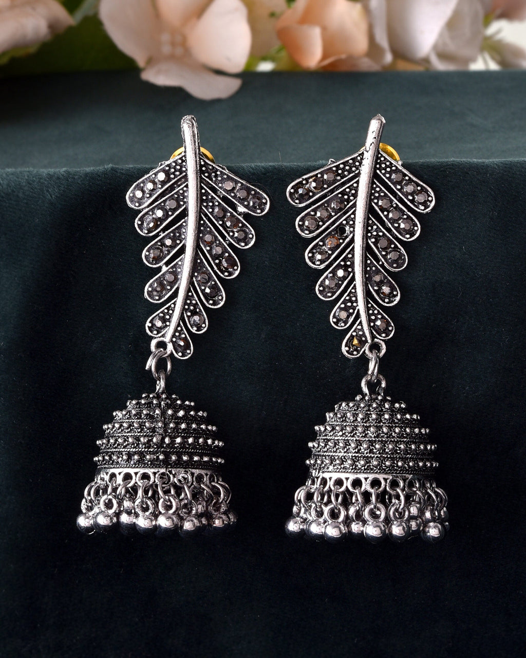 VOJ Silver Plated Oxidized Stone Studded Leaf Shaped Long Earrings | Grocsy
