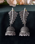 VOJ Silver Plated Oxidized Stone Studded Leaf Shaped Long Earrings | Grocsy