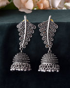 VOJ Silver Plated Oxidized Stone Studded Leaf Shaped Long Earrings | Grocsy