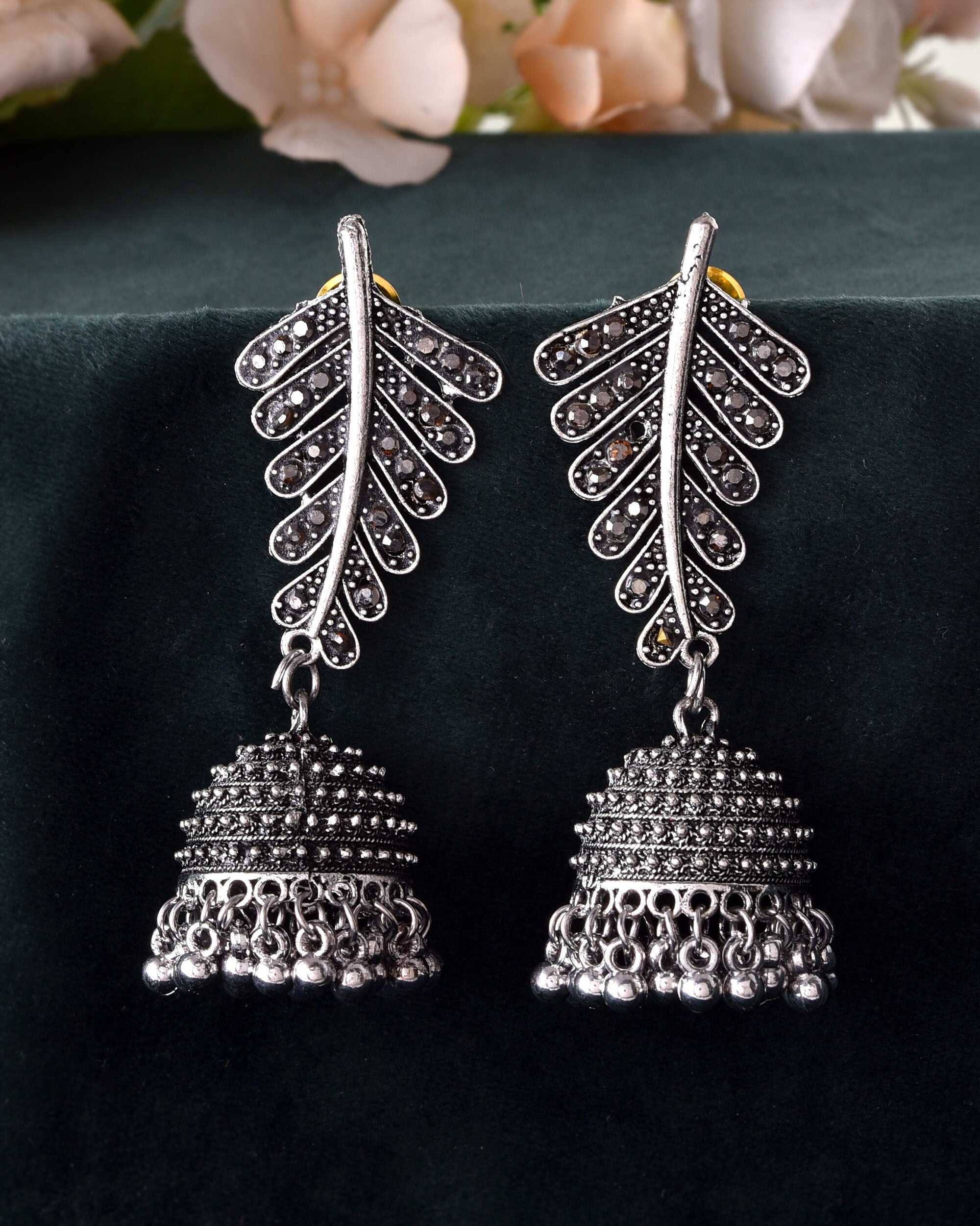 VOJ Silver Plated Oxidized Stone Studded Leaf Shaped Long Earrings | Grocsy