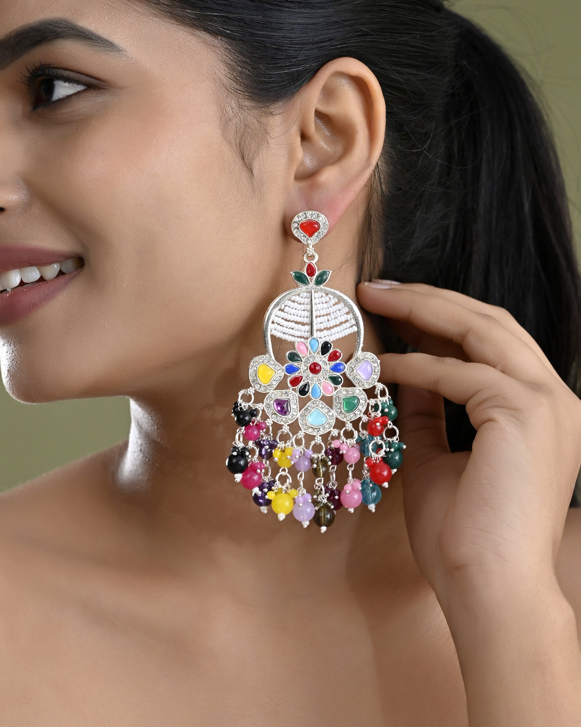 VOJ Multi Colour Beaded Long Chanbali Earrings