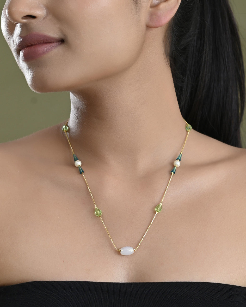 VOJ Gold-Polished Green Beaded Chain For Women | Grocsy