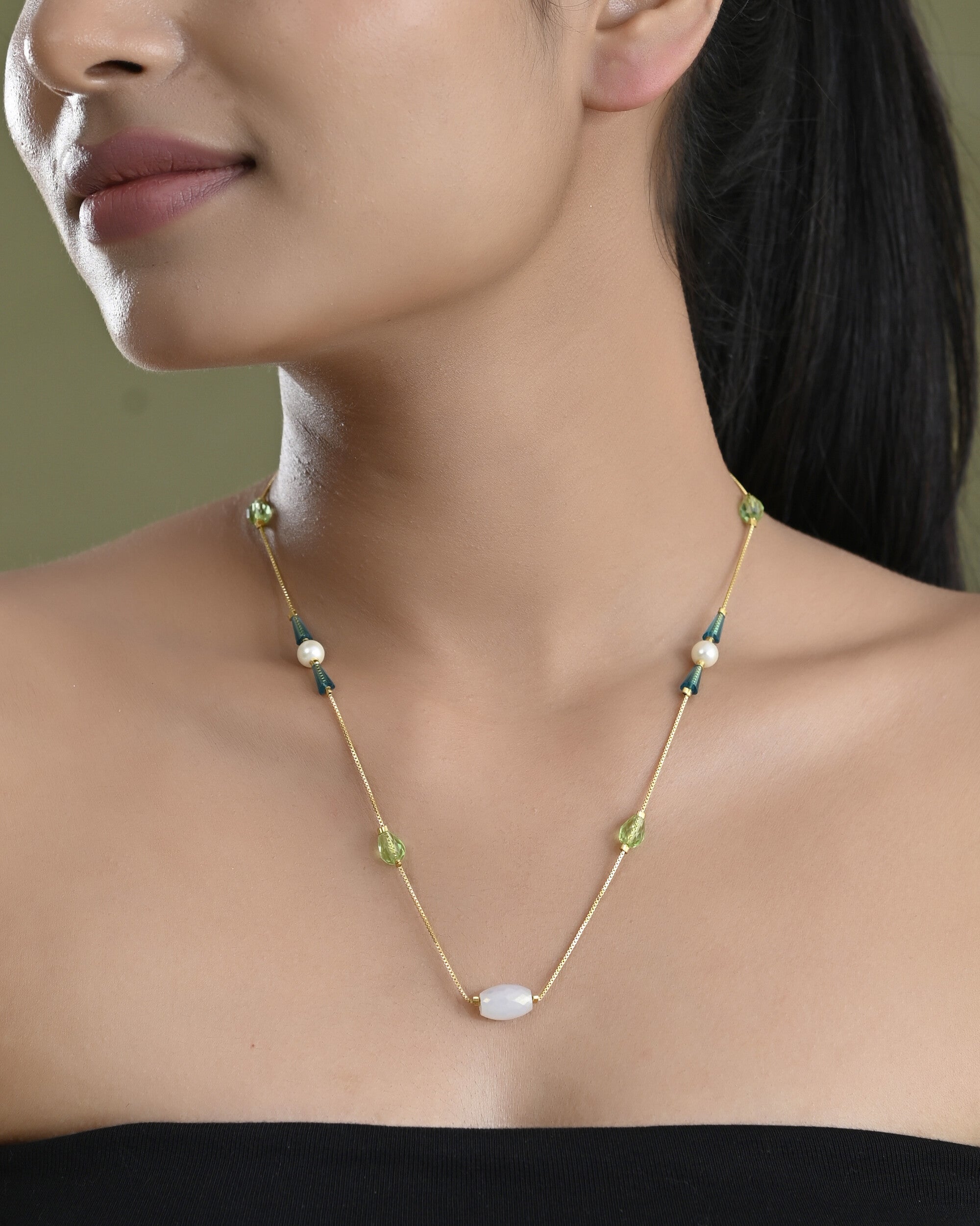 VOJ Gold-Polished Green Beaded Chain For Women | Grocsy