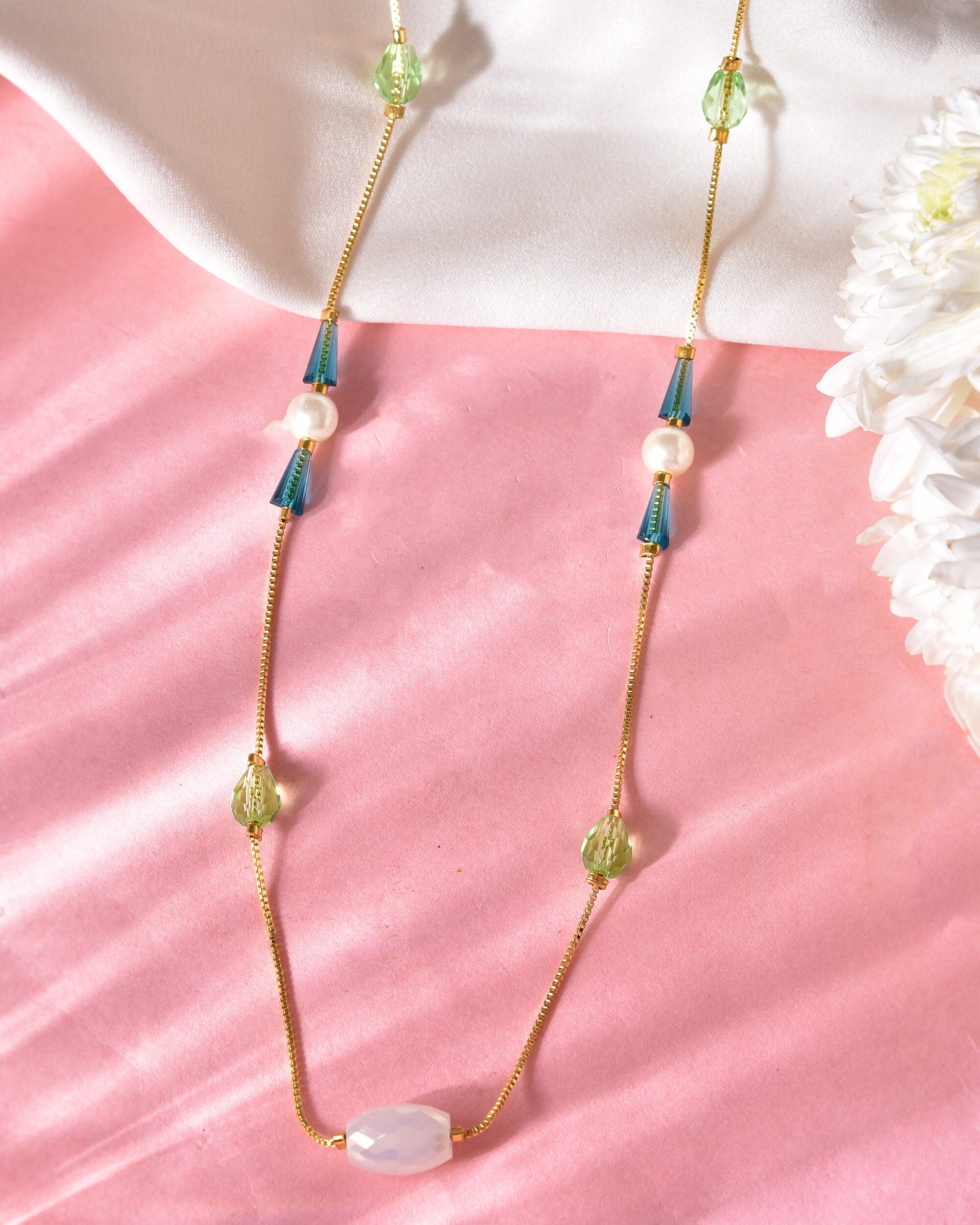 VOJ Gold-Polished Green Beaded Chain For Women | Grocsy