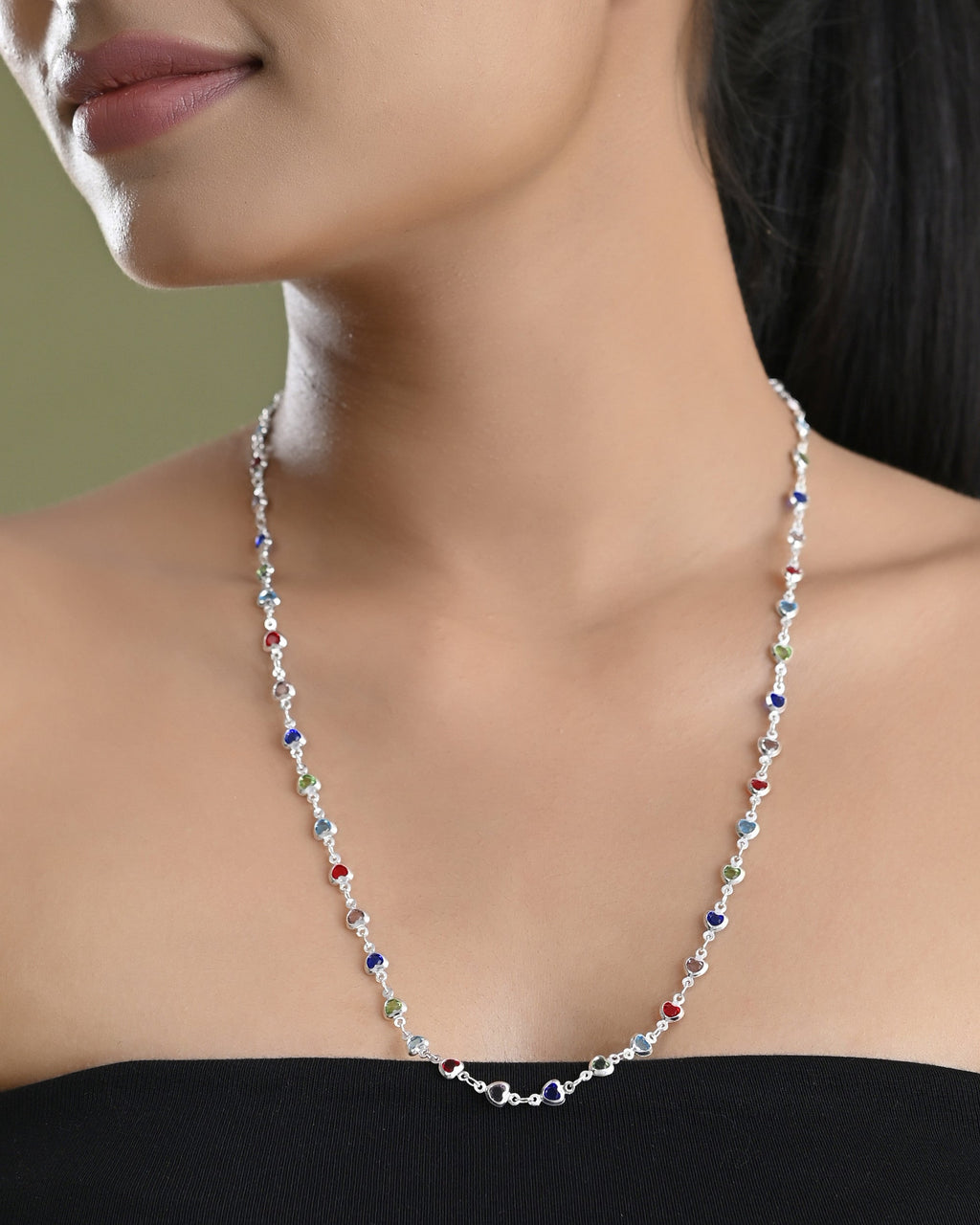 VOJ Silver Plated Multi Colour Stone Heart Shape Chain | Grocsy