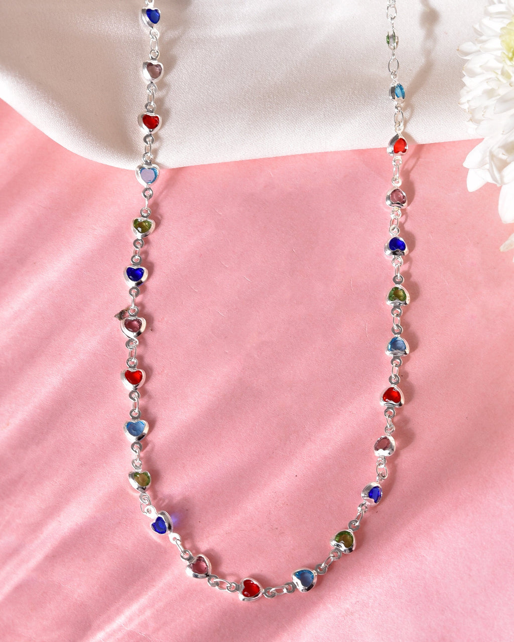 VOJ Silver Plated Multi Colour Stone Heart Shape Chain | Grocsy