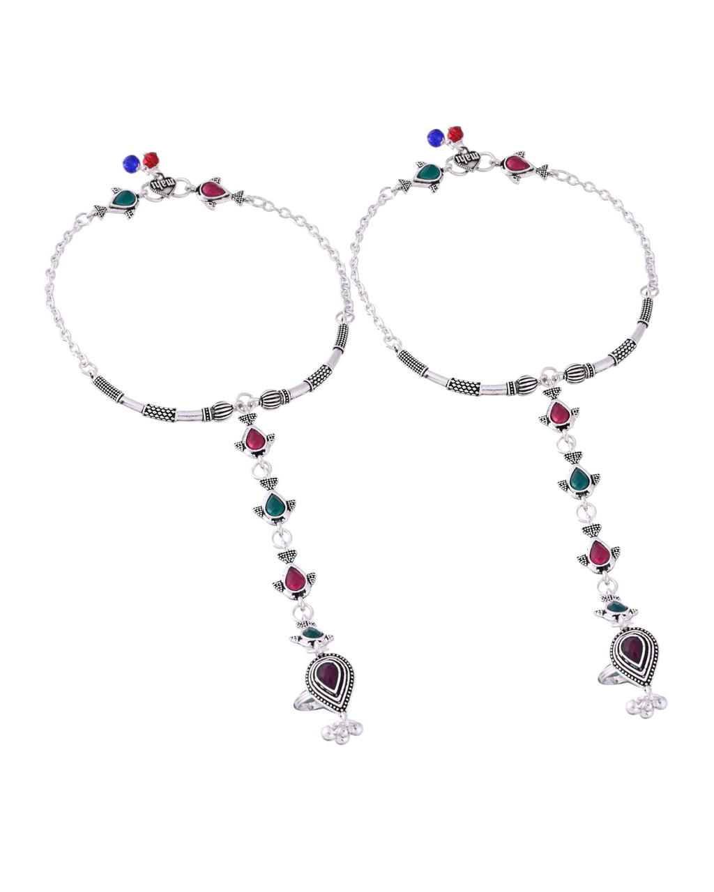 VOJ Set of 2 Silver Toned Meenakari Anklet With Toe Ring | Grocsy