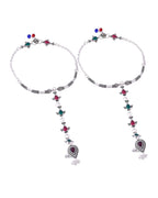 VOJ Set of 2 Silver Toned Meenakari Anklet With Toe Ring | Grocsy
