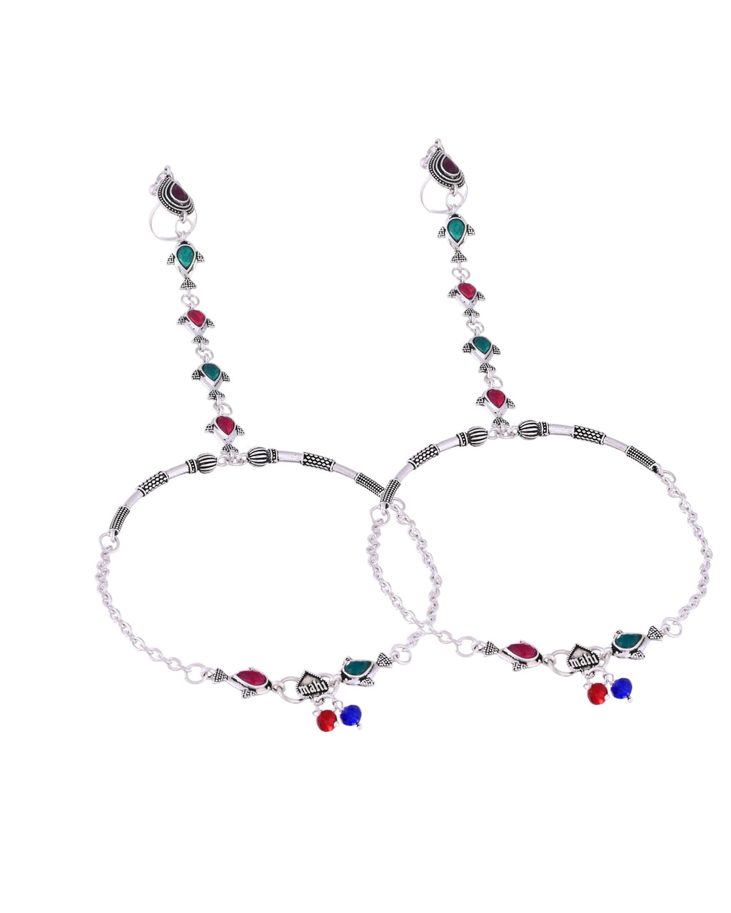 VOJ Set of 2 Silver Toned Meenakari Anklet With Toe Ring | Grocsy