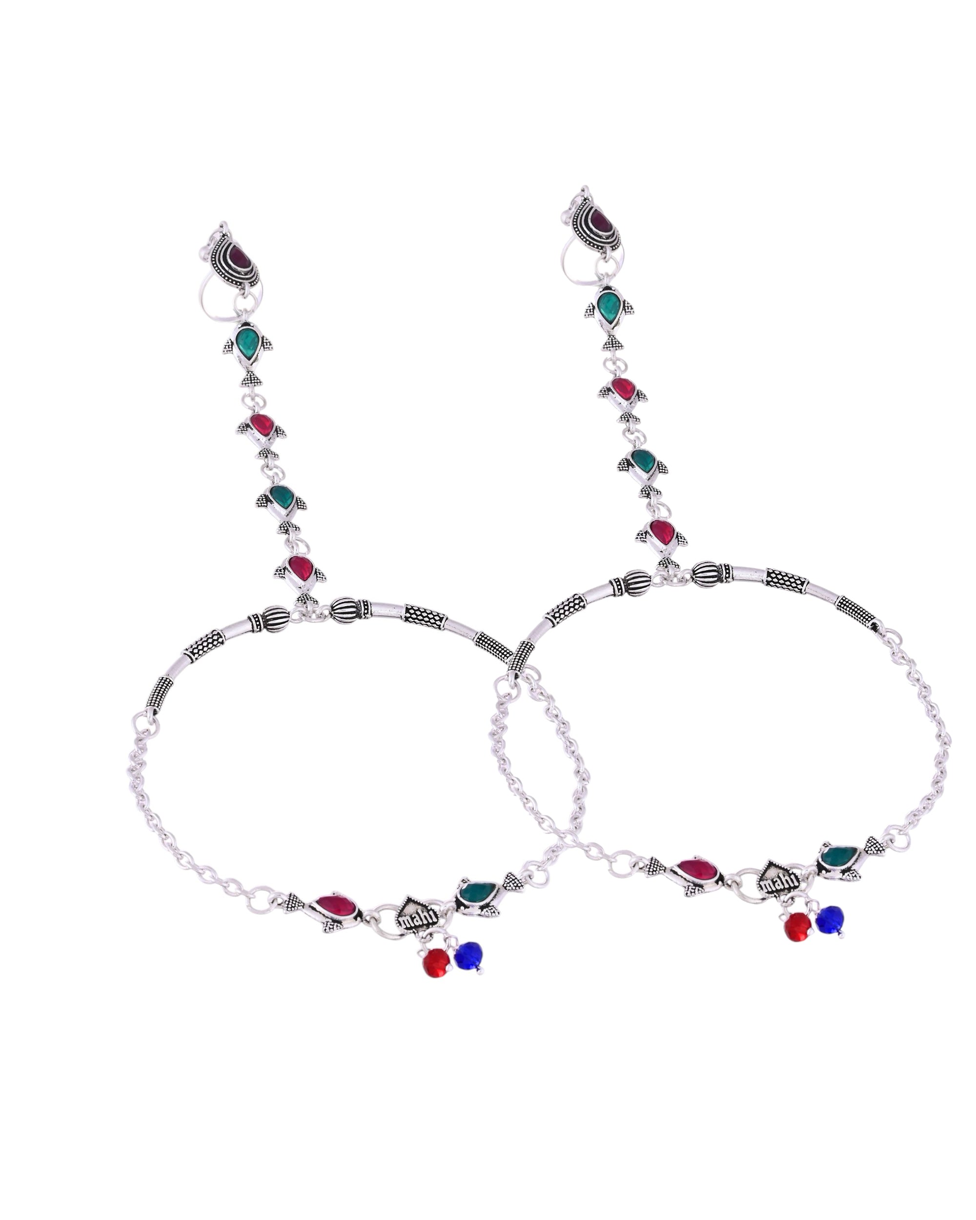 VOJ Set of 2 Silver Toned Meenakari Anklet With Toe Ring | Grocsy