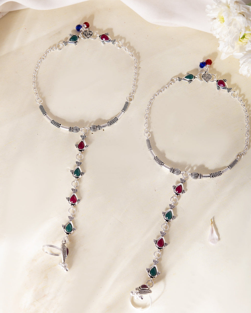VOJ Set of 2 Silver Toned Meenakari Anklet With Toe Ring | Grocsy
