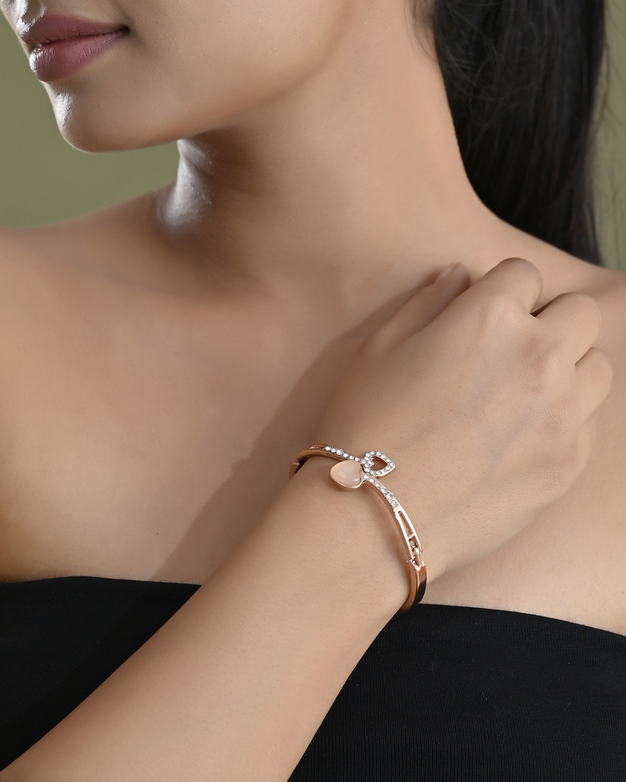 VOJ Gold-Polished Heart Shaped Stone Studded Kada Bracelet