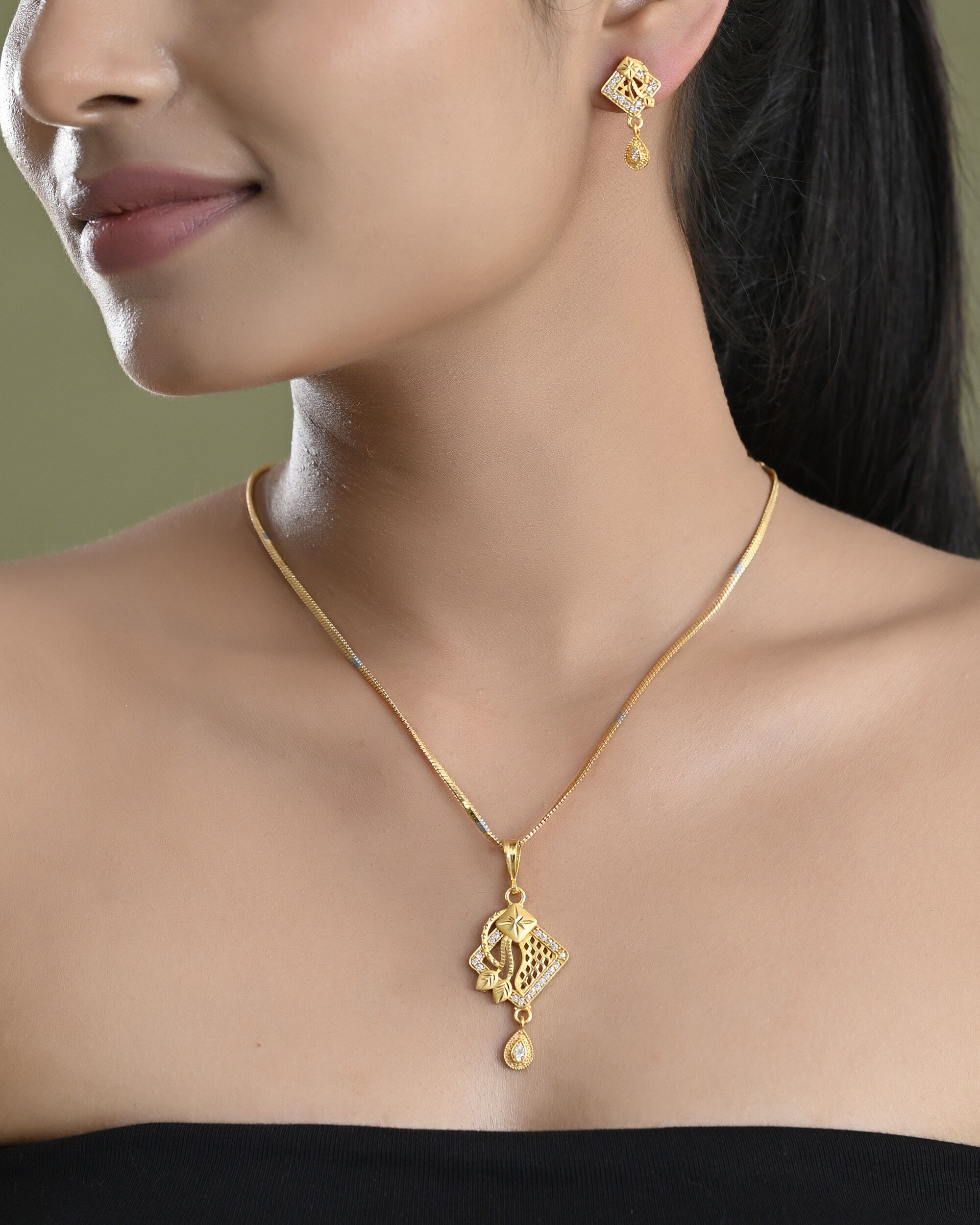 VOJ Gold-Polished AD Stone Studded Geometrical Design Chain Set | Grocsy