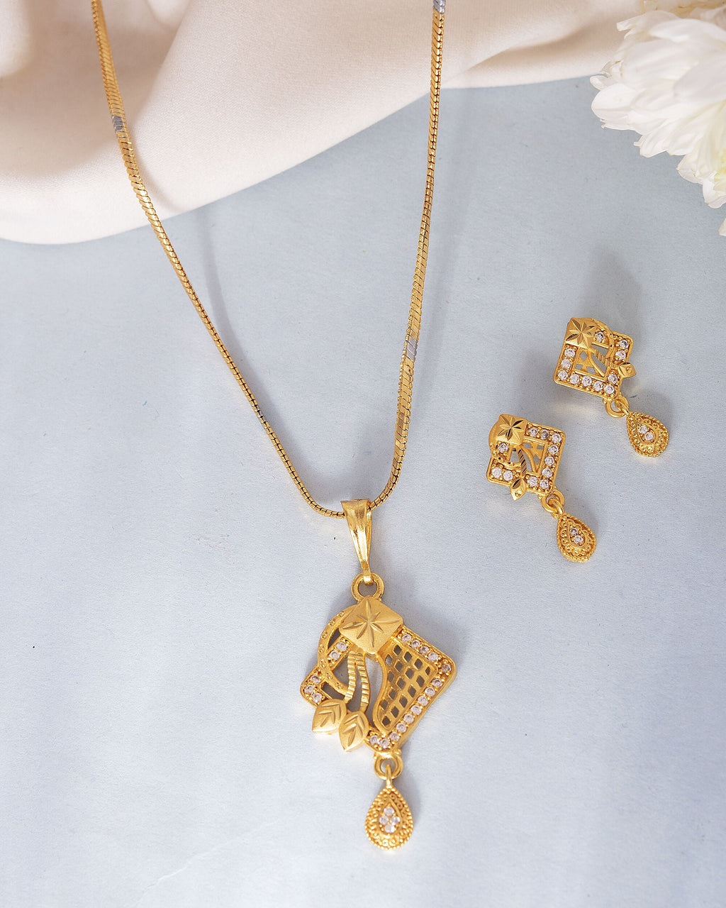 VOJ Gold-Polished AD Stone Studded Geometrical Design Chain Set | Grocsy