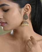 VOJ Gold Toned Stone Studded Done Shaped Jhumka Earrings