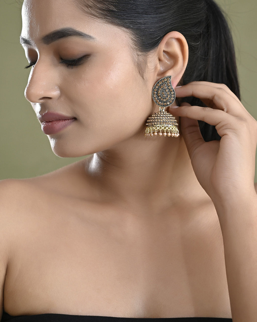 VOJ Gold Toned Stone Studded Done Shaped Jhumka Earrings