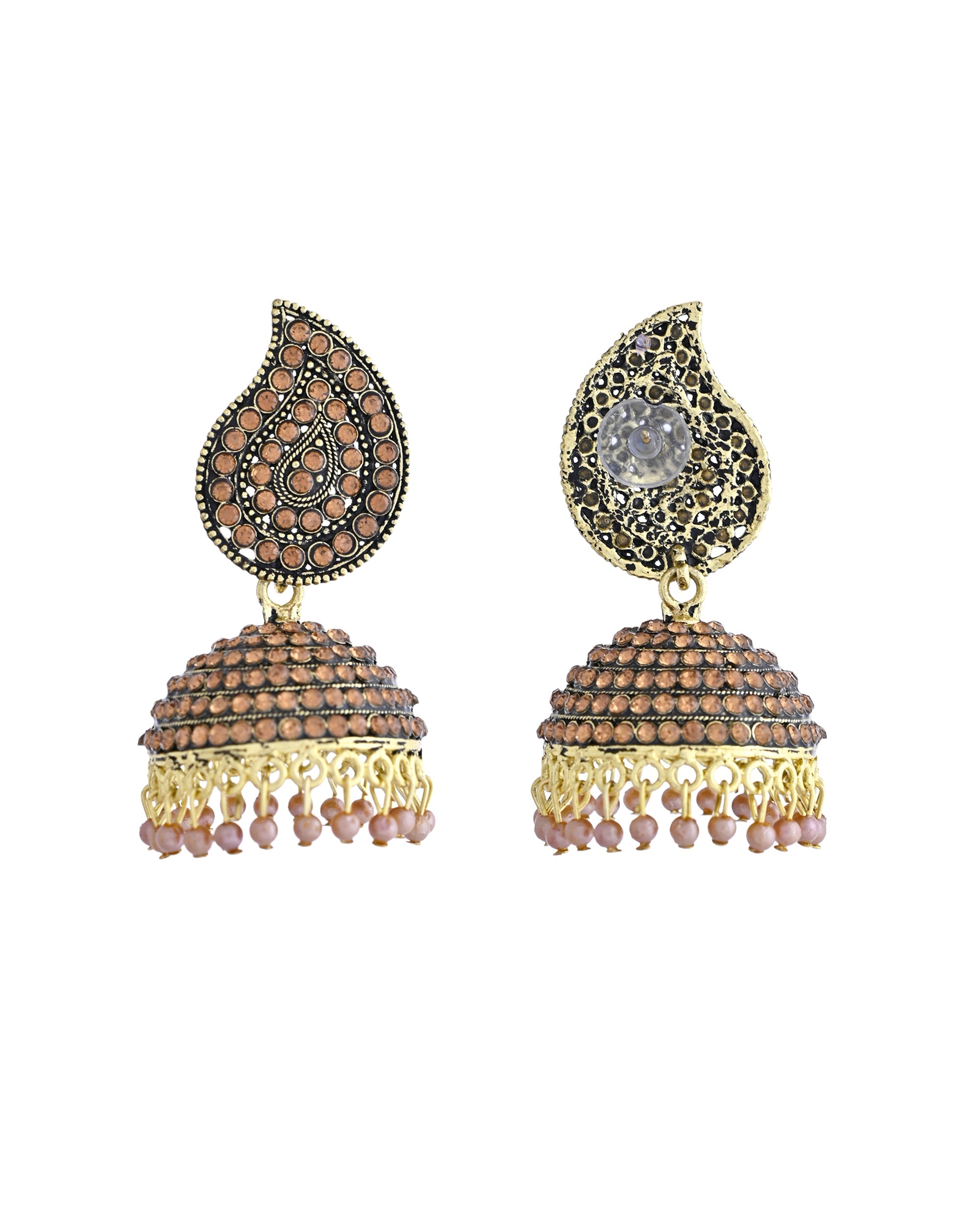 VOJ Gold Toned Stone Studded Done Shaped Jhumka Earrings