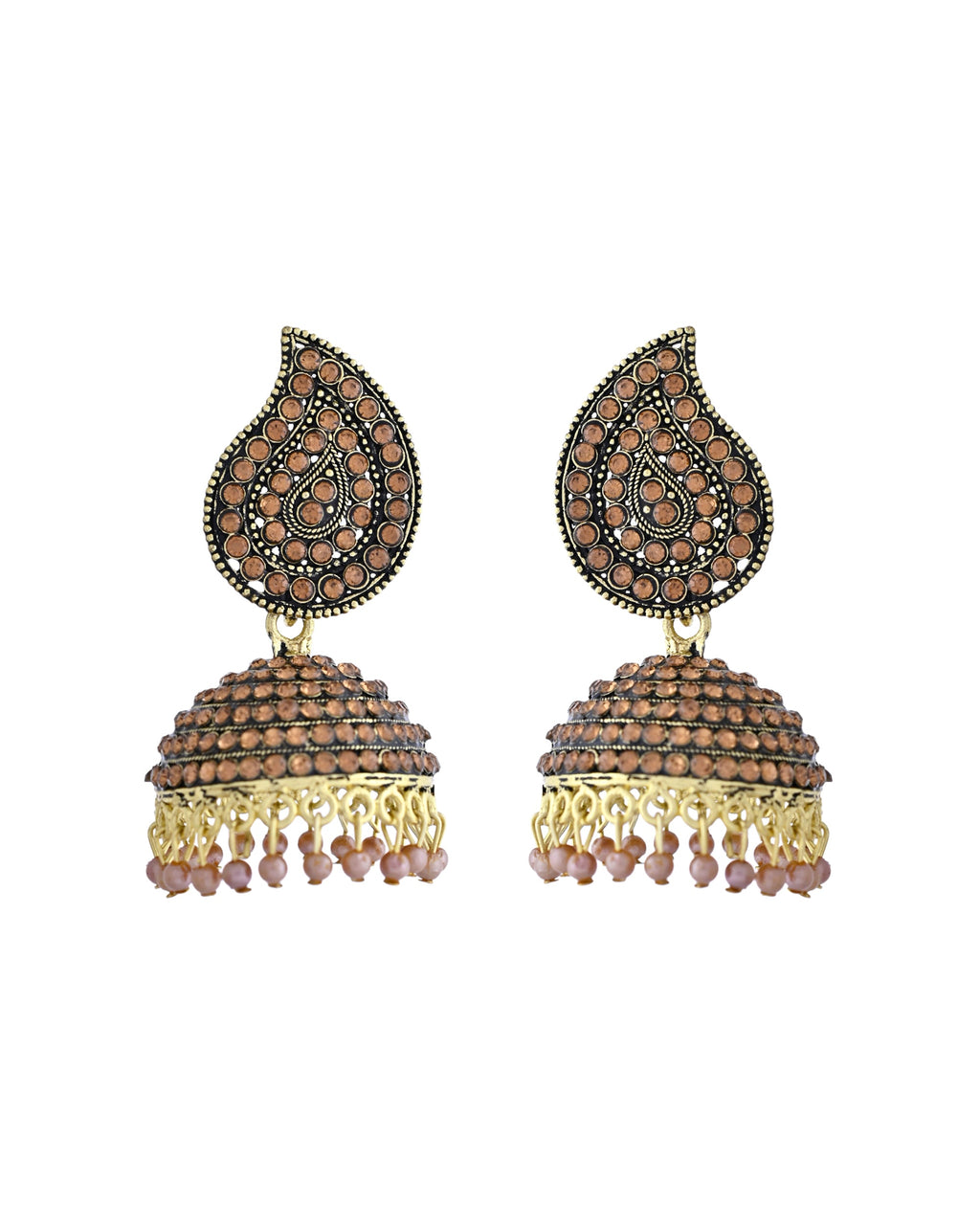VOJ Gold Toned Stone Studded Done Shaped Jhumka Earrings