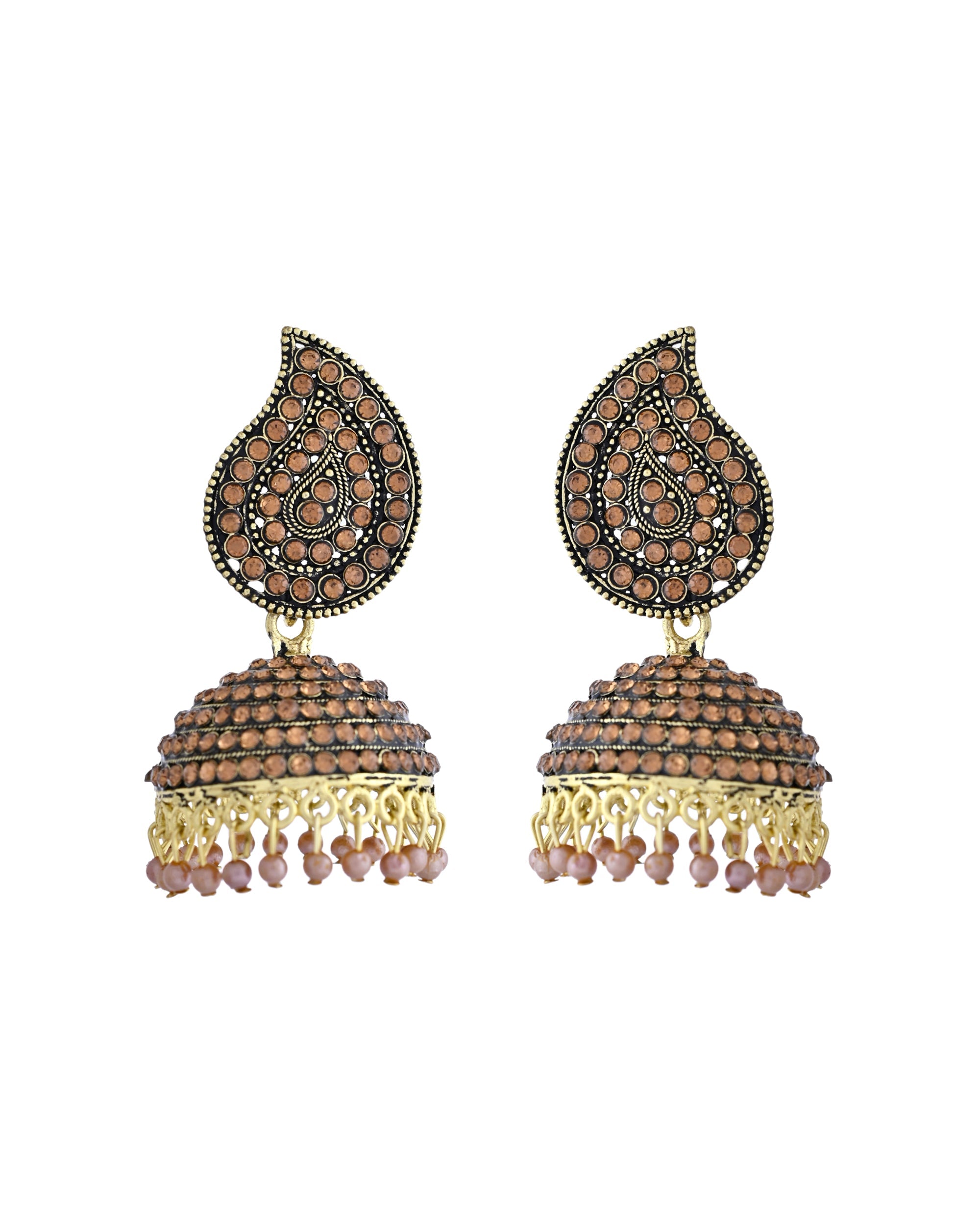 VOJ Gold Toned Stone Studded Done Shaped Jhumka Earrings
