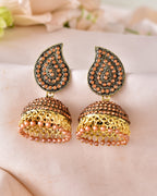 VOJ Gold Toned Stone Studded Done Shaped Jhumka Earrings
