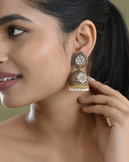 VOJ Gold Toned Stone Studded Done Shaped With Pearl Jhumka Earrings