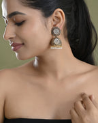 VOJ Gold Toned Stone Studded Done Shaped With Pearl Jhumka Earrings