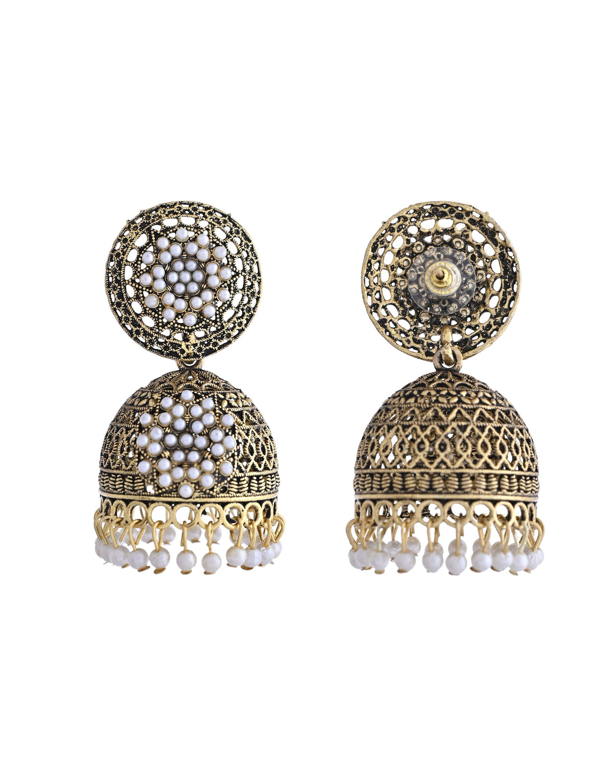 VOJ Gold Toned Stone Studded Done Shaped With Pearl Jhumka Earrings