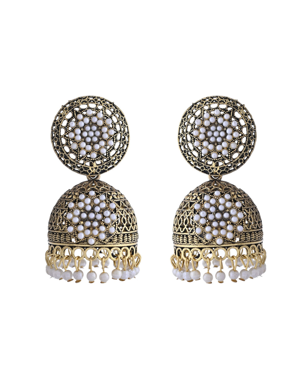 VOJ Gold Toned Stone Studded Done Shaped With Pearl Jhumka Earrings