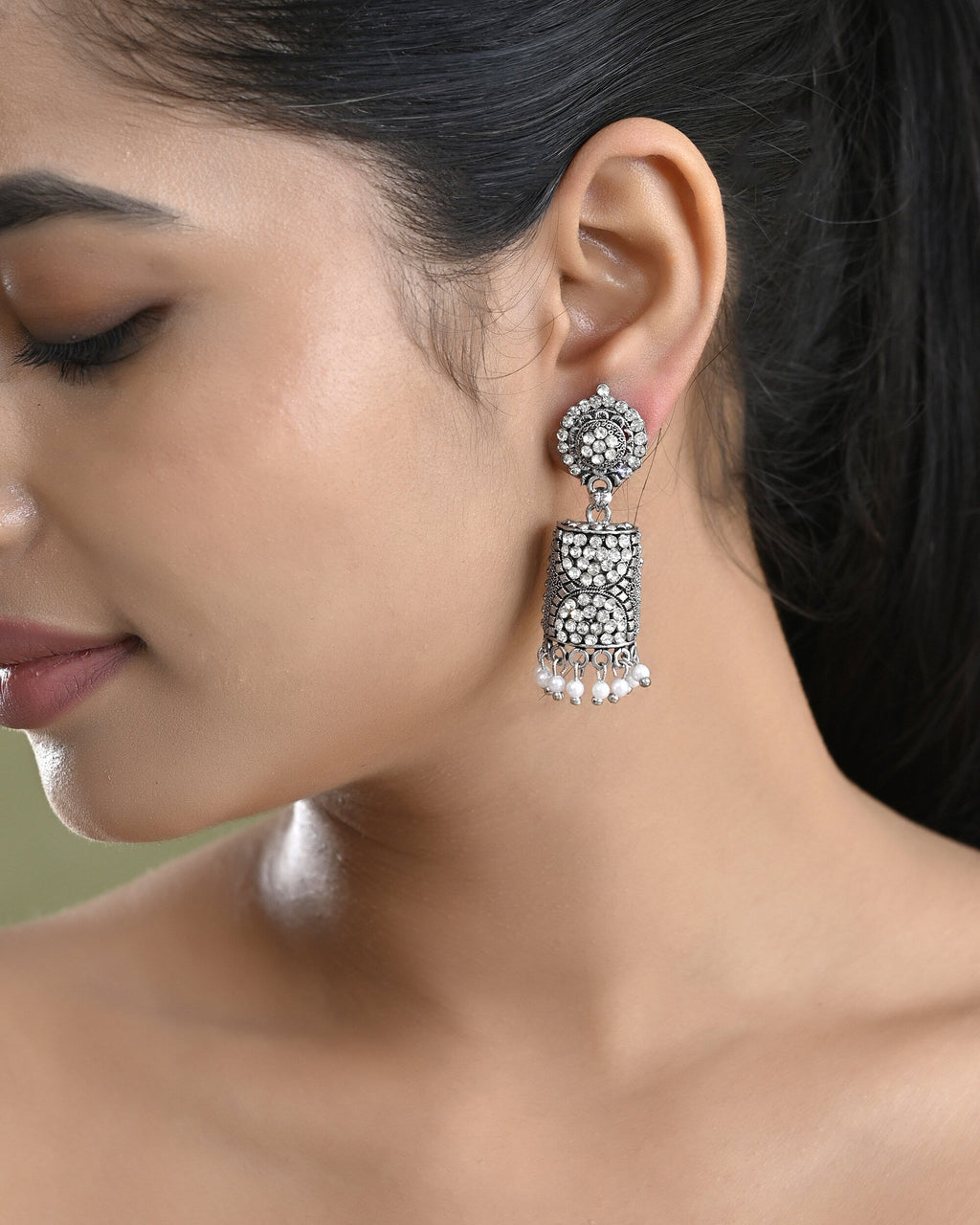 VOJ Silver Toned Stone Studded Jhumka Earrings