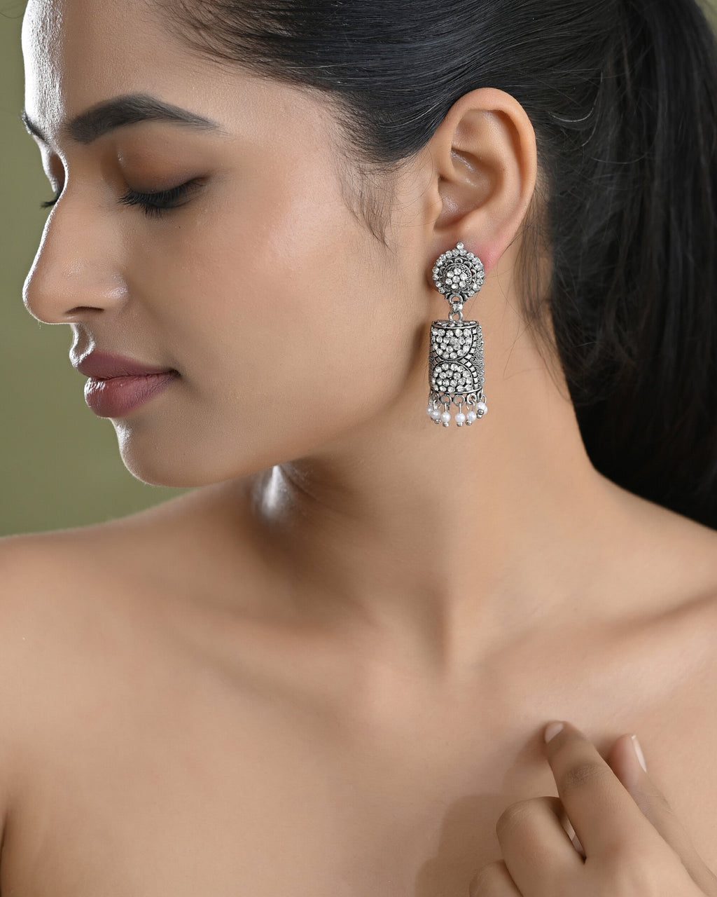 VOJ Silver Toned Stone Studded Jhumka Earrings