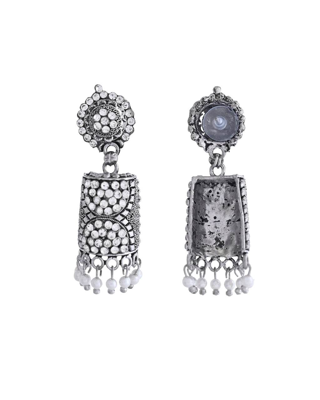 VOJ Silver Toned Stone Studded Jhumka Earrings