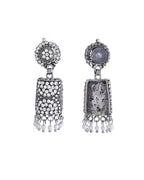VOJ Silver Toned Stone Studded Jhumka Earrings