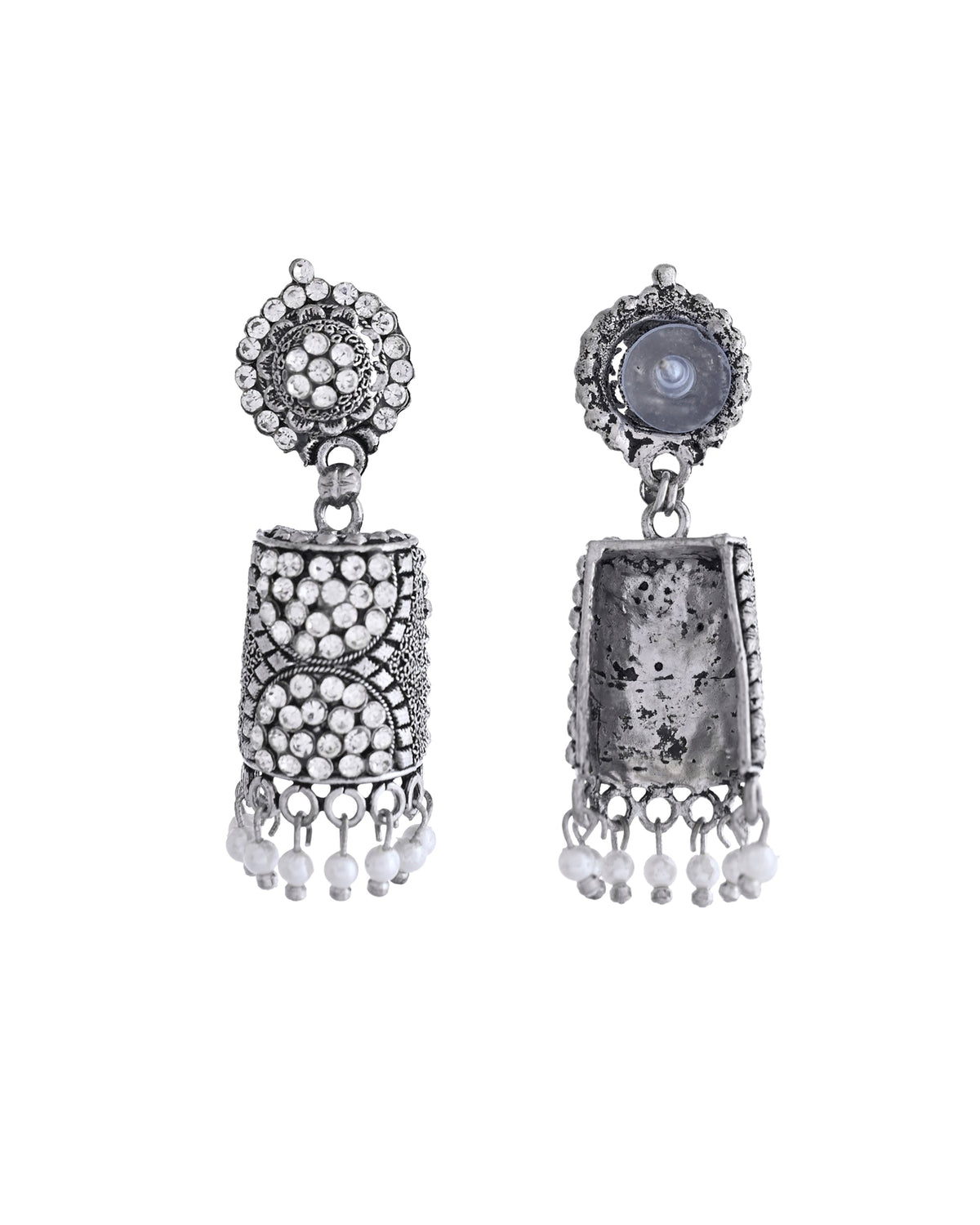 VOJ Silver Toned Stone Studded Jhumka Earrings