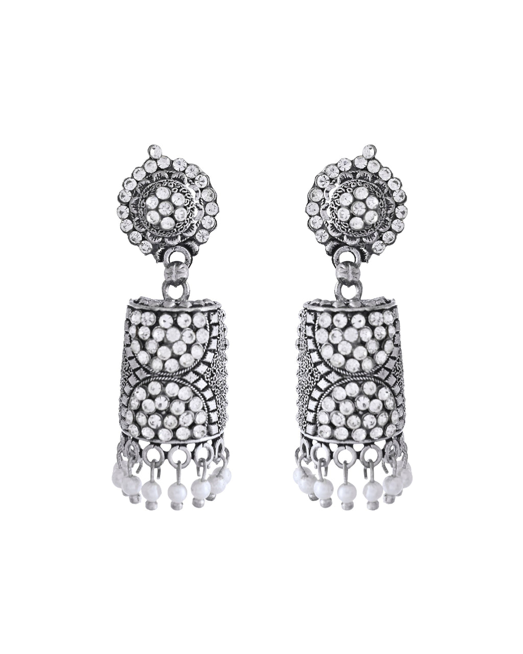 VOJ Silver Toned Stone Studded Jhumka Earrings