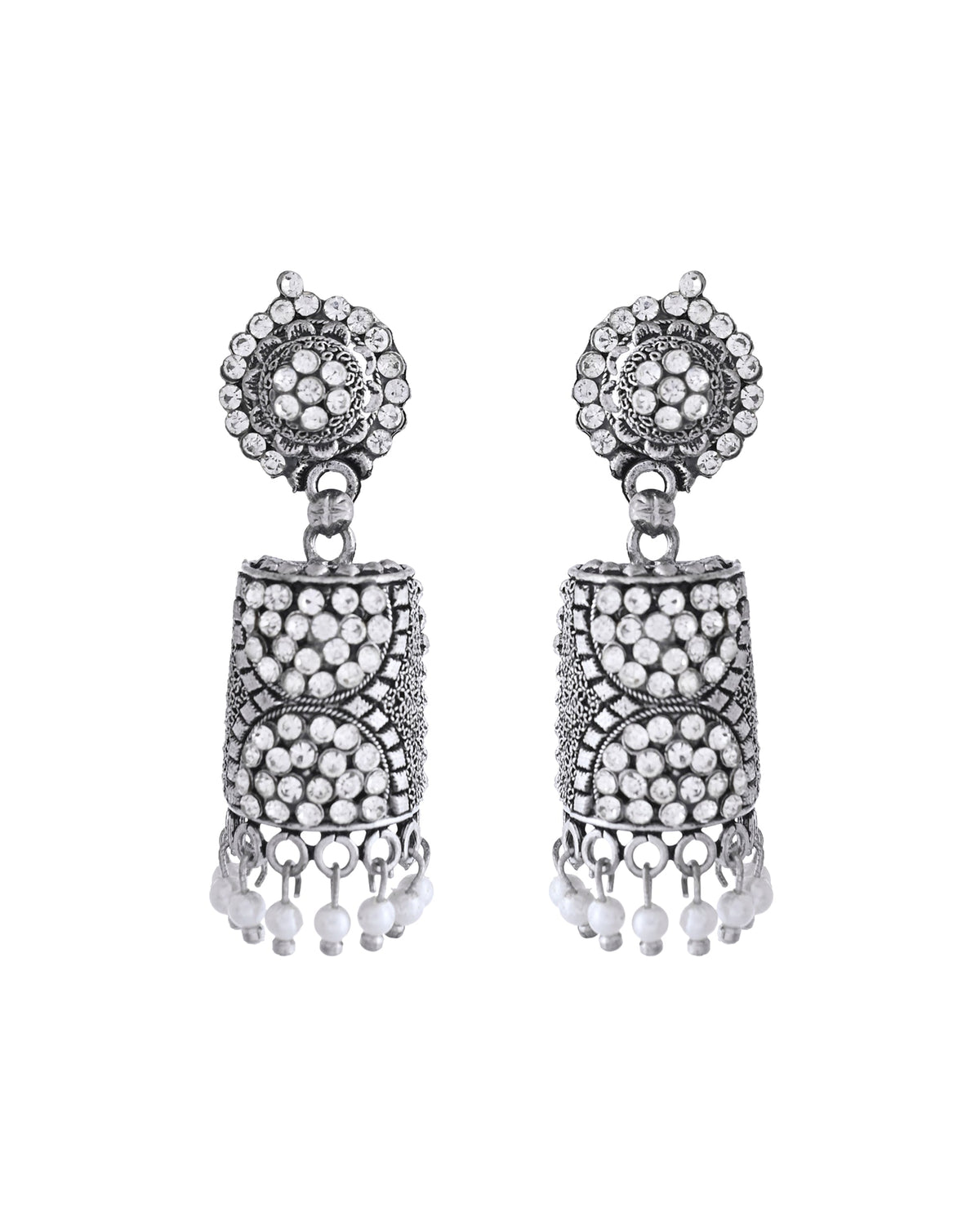 VOJ Silver Toned Stone Studded Jhumka Earrings