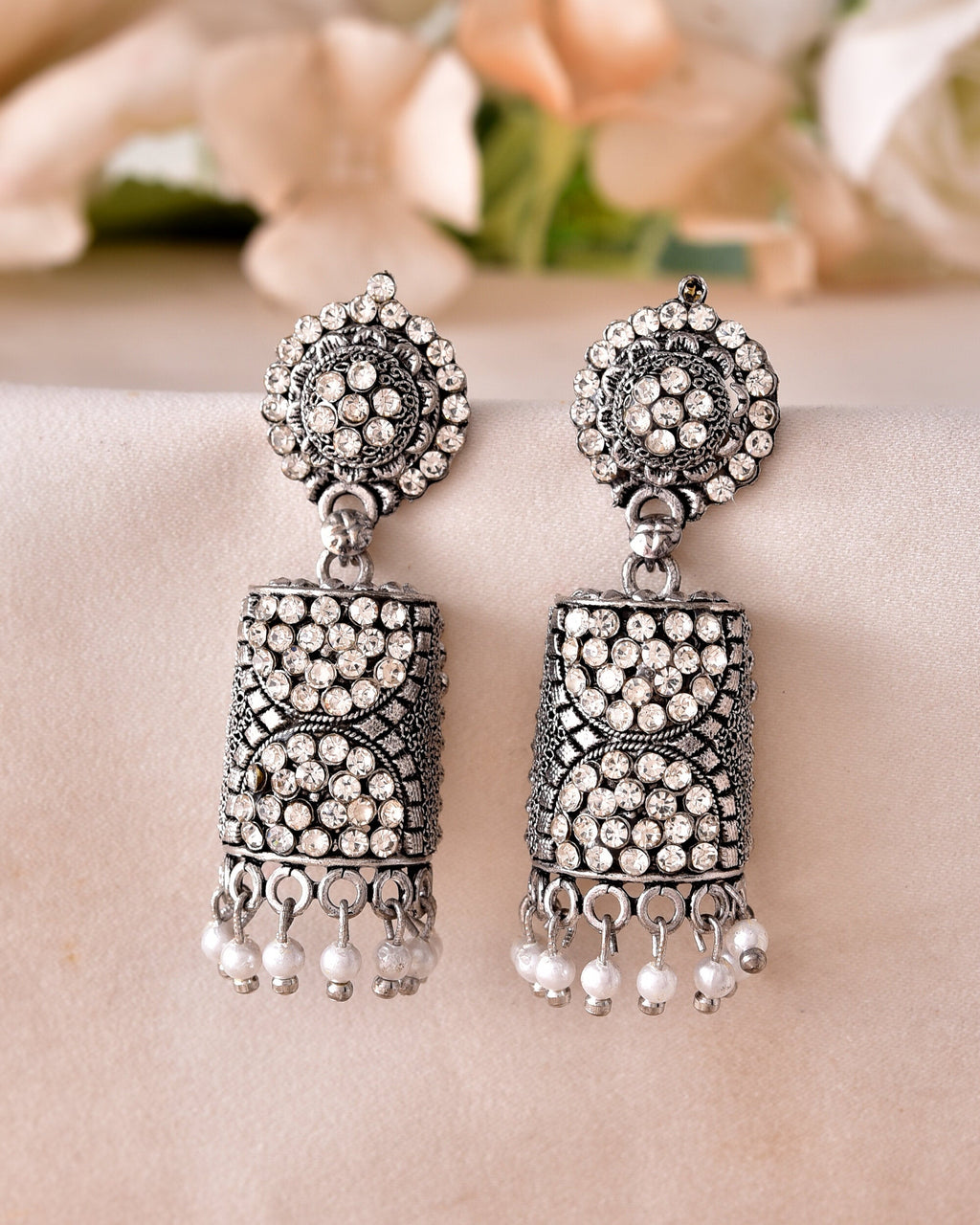 VOJ Silver Toned Stone Studded Jhumka Earrings