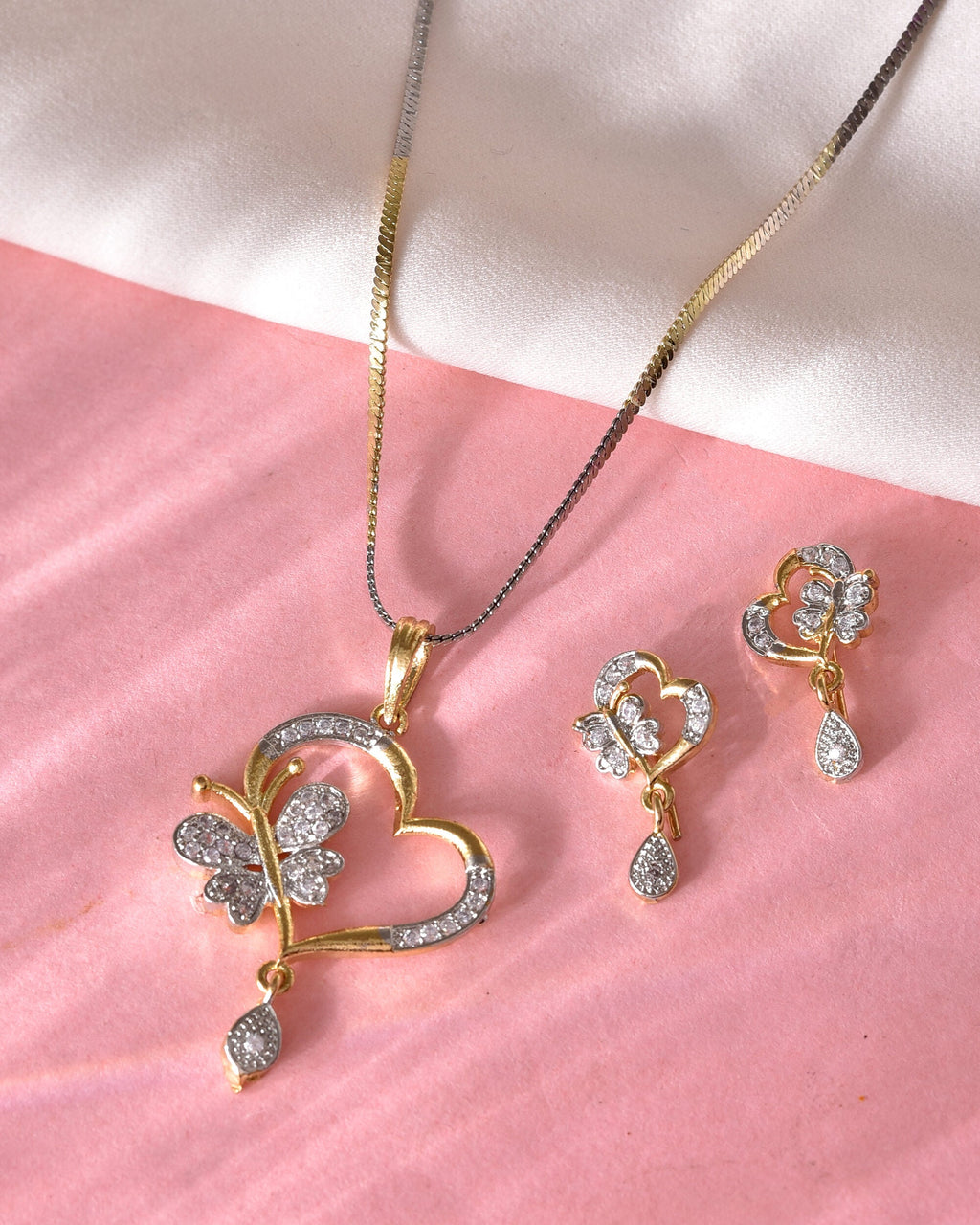 VOJ Dual Tone AD Stone Studded Butterfly Shaped Chain Set With Pandent | Grocsy