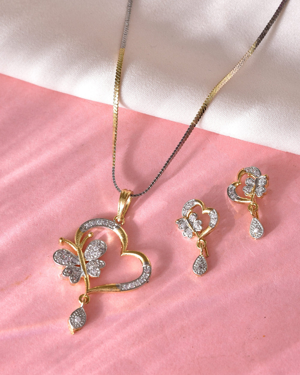 VOJ Dual Tone AD Stone Studded Butterfly Shaped Chain Set With Pandent | Grocsy