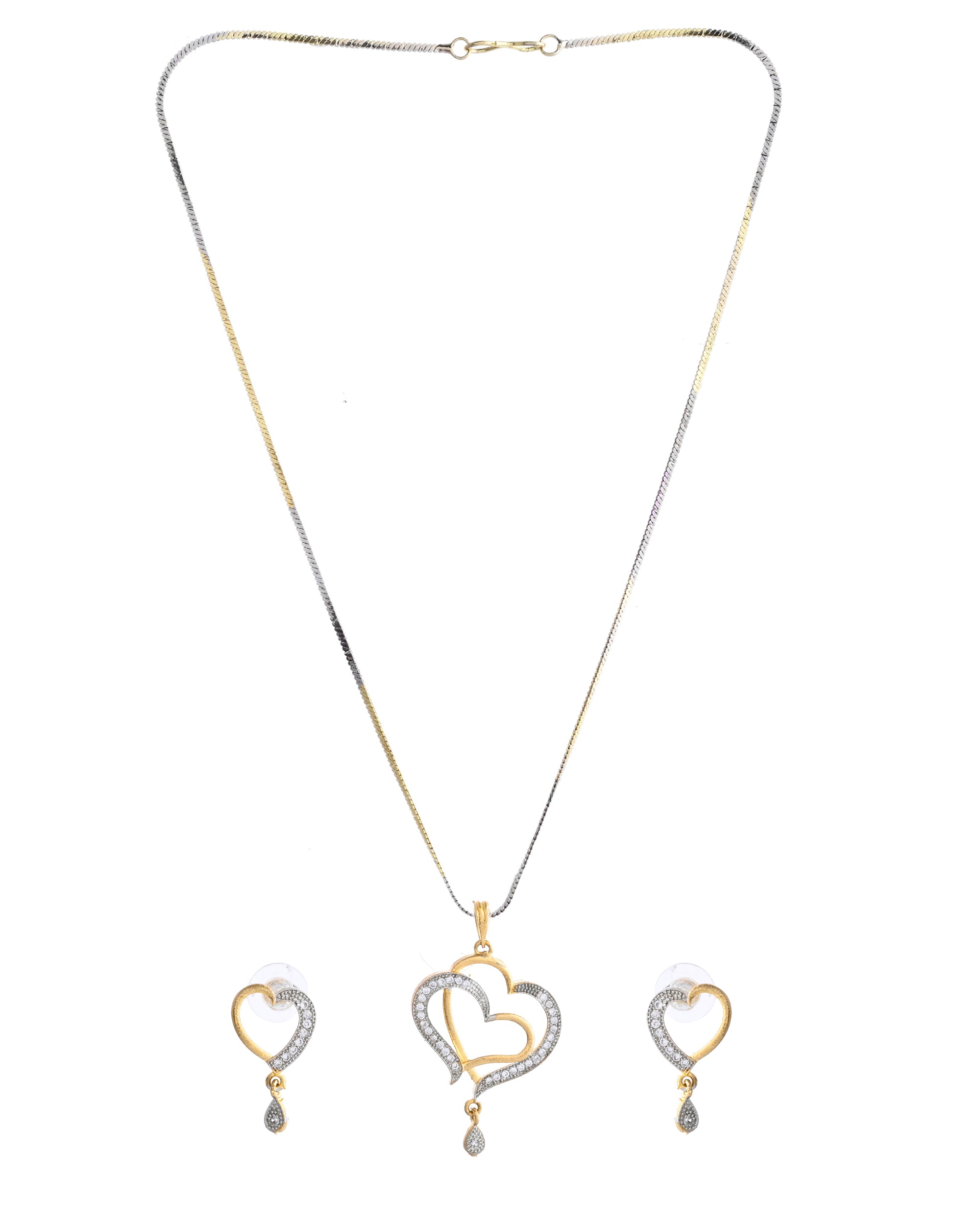 VOJ Dual Tone AD Stone Studded Heart Shaped Chain Set With Pendant | Grocsy