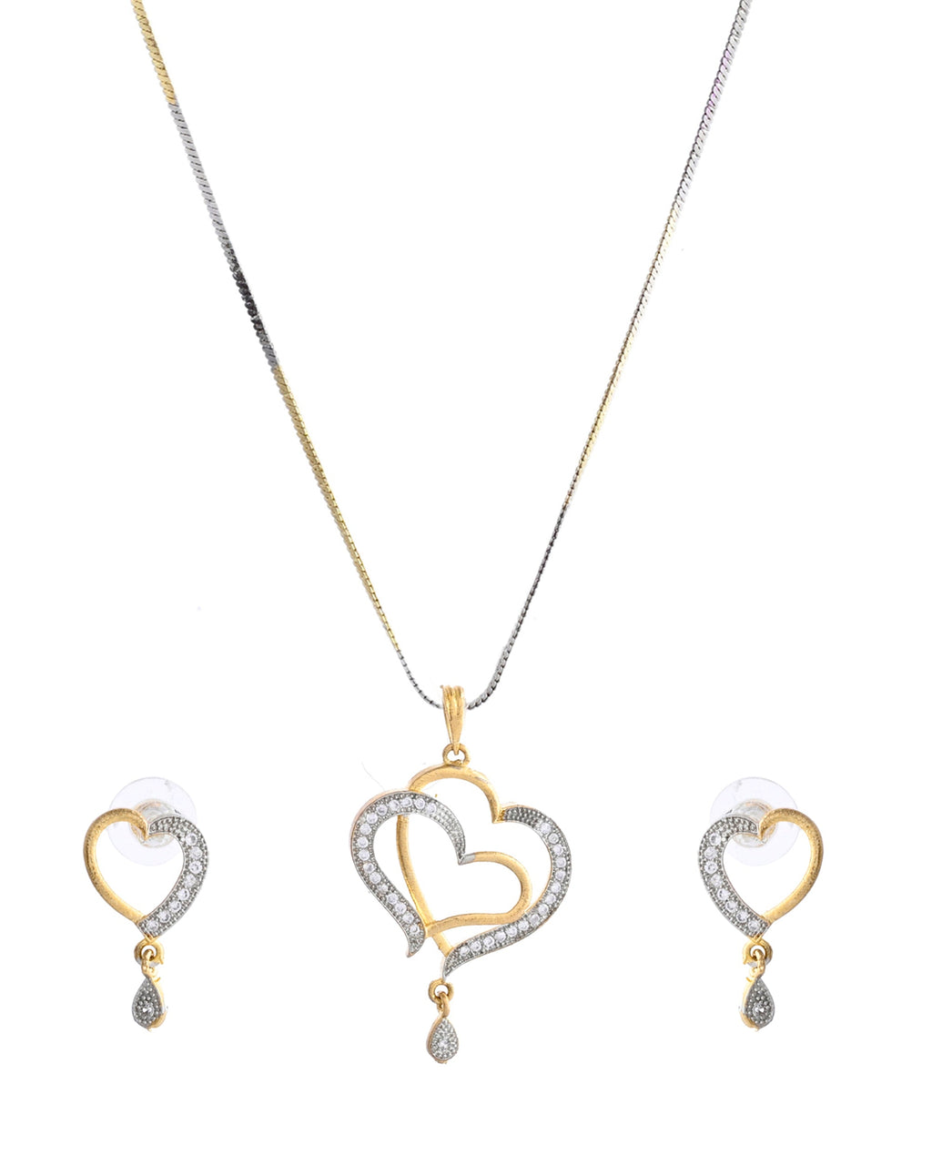 VOJ Dual Tone AD Stone Studded Heart Shaped Chain Set With Pendant | Grocsy